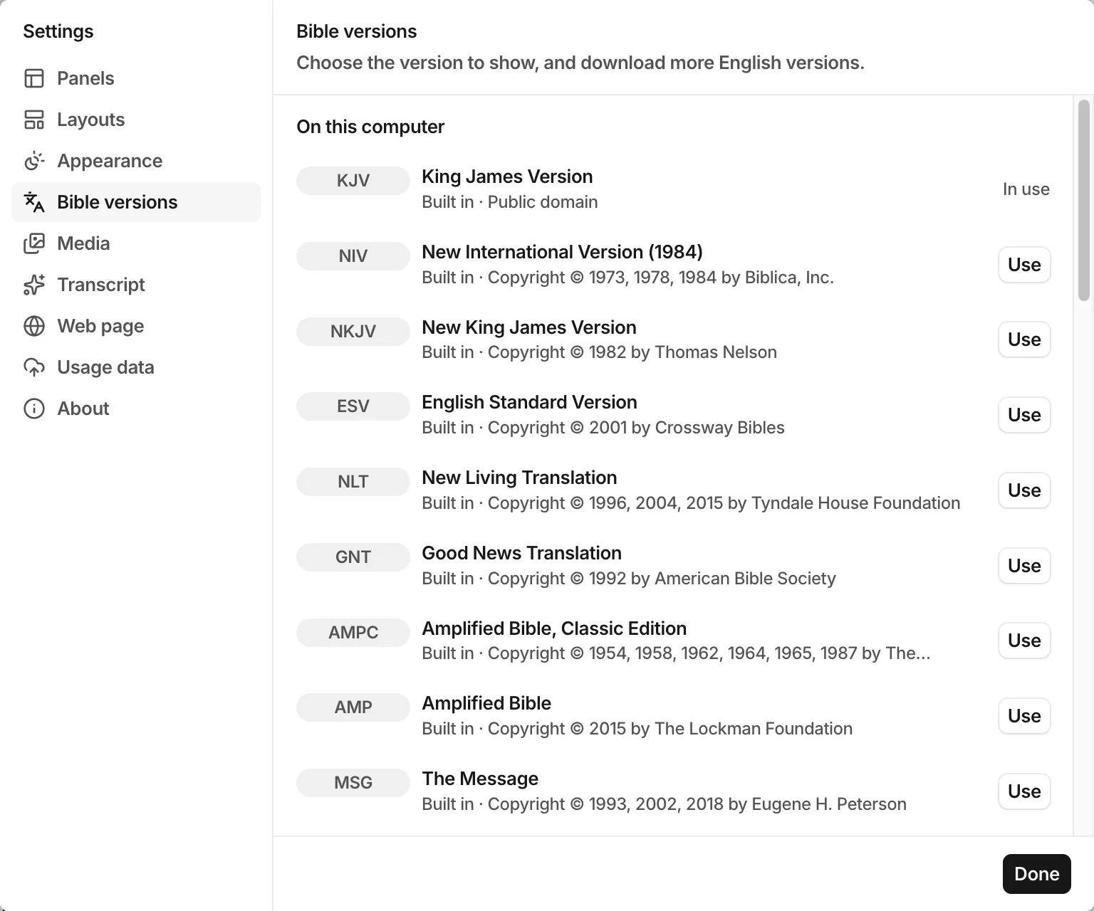 The Bible versions that FlowCast keeps on the computer.